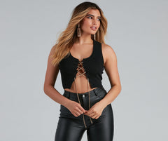 Keeping Knit Spicy Lace-Up Sweater Top