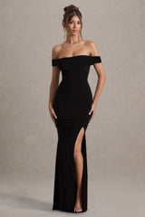 Law of Attraction | Black Bardot Draped Split Maxi Dress