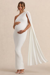 Amaryllis | White Maternity One Shoulder Maxi Dress with Cape Sleeve
