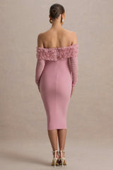 Adita | Blush Pink Mesh Floral Bardot Maternity Midi Dress
