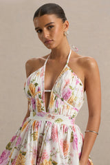 Kasey | Cream Floral Print Halter-Neck Mini Dress With Ruffle Detail