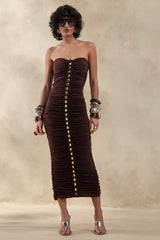 Spontaneity | Brown Bandeau Ruched Midi Dress