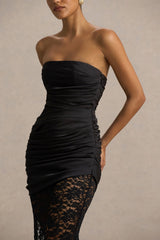 Dulcie | Black Lace And Satin Bandeau Midaxi Dress With Wrap-Details