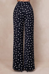 Seloria | Black & White Satin Polka Dot Wide-Leg Trouser