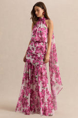 Veronique | Pink Hibiscus Floral Halter-Neck Maxi Dress