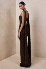 Massima | Brown Lace Bandeau Maxi Dress With Scarf-Detail