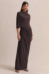 Lunaline | Brown High-Neck Maxi Dress With Asymmetric Cape And Draped-Detailing