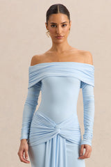 Helia | Blue Bardot Neck Bodysuit With Ruched Long Sleeves