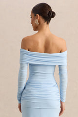 Helia | Blue Bardot Neck Bodysuit With Ruched Long Sleeves