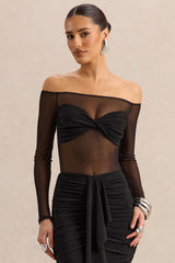 Maira | Black Mesh Bardot-Neck Bodysuit