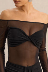 Maira | Black Mesh Bardot-Neck Bodysuit