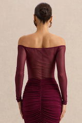 Maira | Burgundy Mesh Bardot-Neck Bodysuit