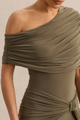 Larelle | Khaki Asymmetric-Neck Bodysuit With Ruched-Detailing