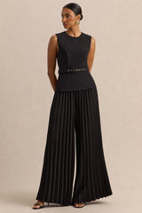 Lerenza | Black Satin Wide-Leg Pleated Trousers