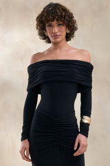 Drina | Black Bardot Neck Bodysuit With Ruched Long Sleeves
