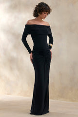 Drina | Black Bardot Neck Bodysuit With Ruched Long Sleeves