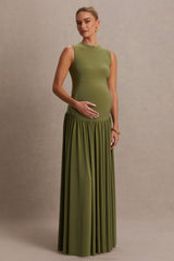 Outline | Olive Crew-Neck Maternity Maxi Dress With Pleated Skirt