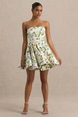 Valerian | Lemon Floral Print Bandeau Mini Dress With Ruffle Hem
