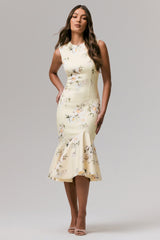 Priceless | Lemon Print Crew-Neck Fishtail Midi Dress