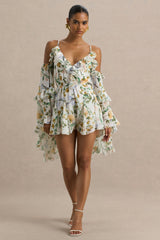 Anaya | Lemon Floral Print Chiffon Playsuit With Long Sleeves