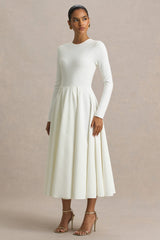 Bellamy | Cream Crew-Neck Long Sleeve Midi Dress