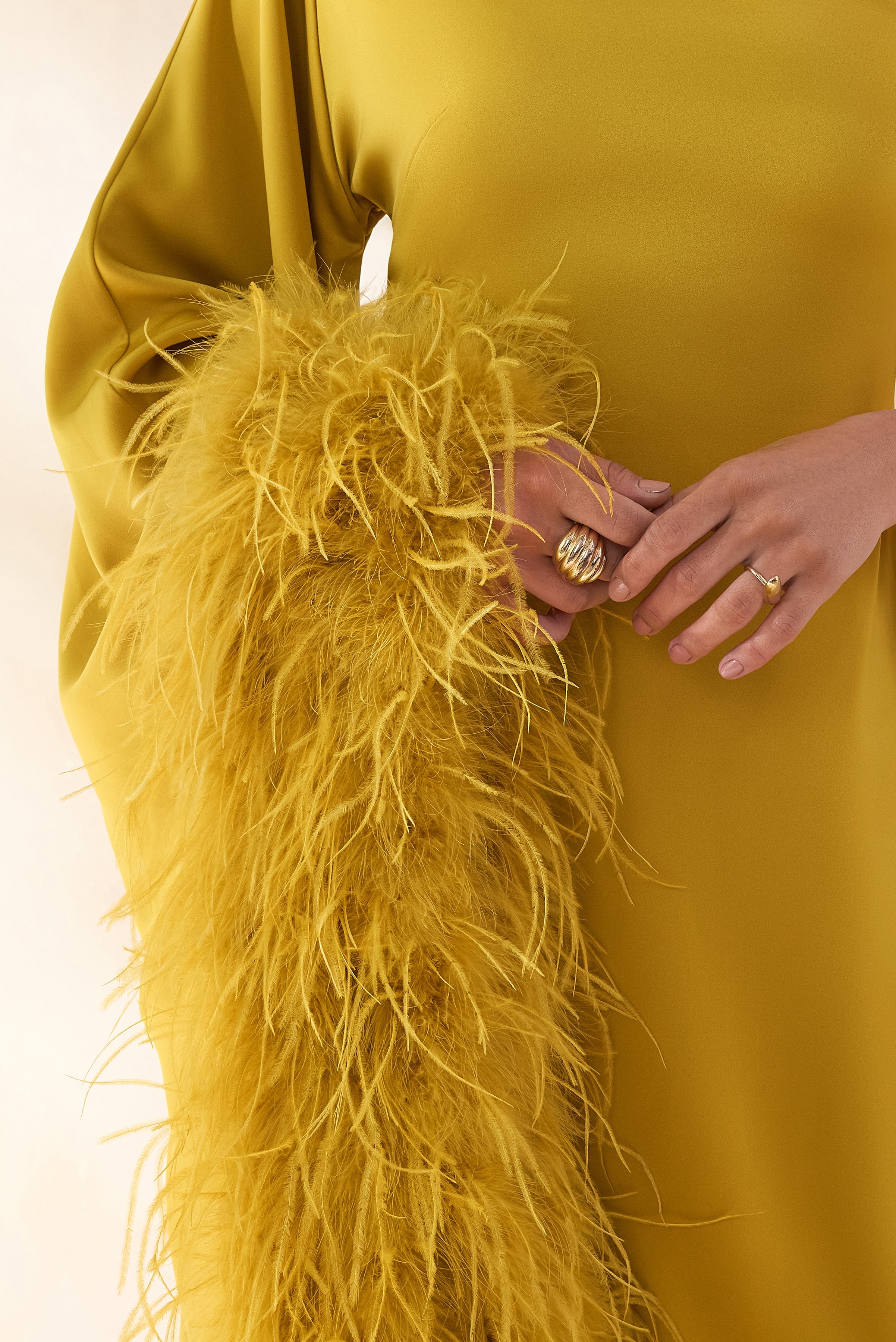 Destiny | Yellow Satin Asymmetric-Neck Midi Dress With Feather Details