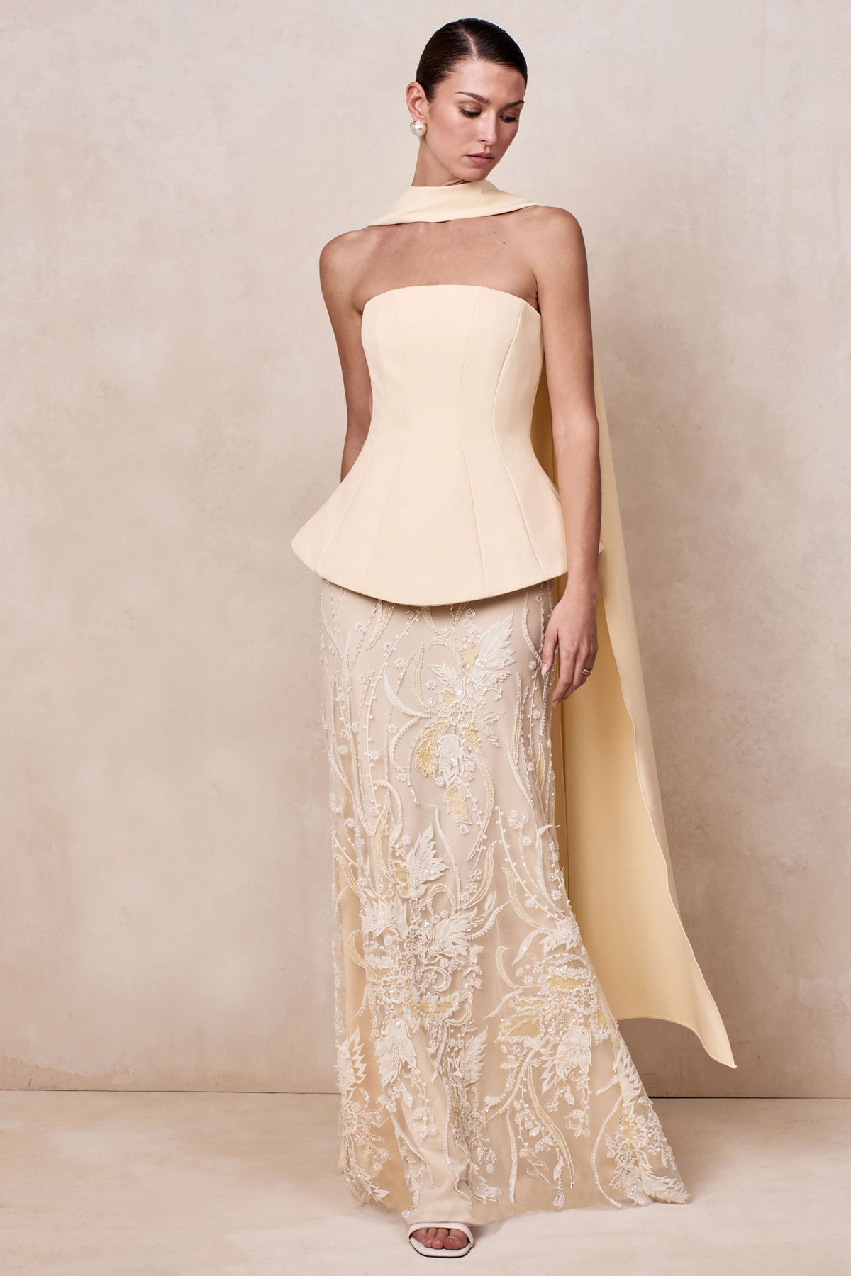 Lorna | Lemon Bandeau Maxi Dress With Scarf