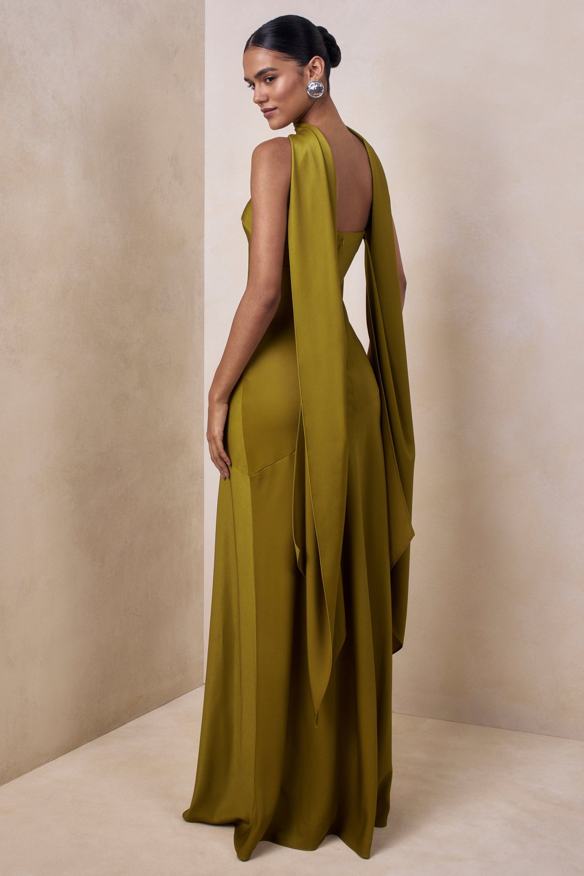 Charly | Olive Matte Satin Bandeau Maxi Dress With Scarf-Detail