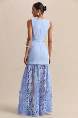 Verena | Powder Blue Boat-Neck Belted Maxi Dress With Lace Skirt