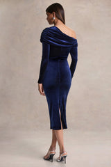 Eirene | Blue Velvet Asymmetric-Neck Midi Dress