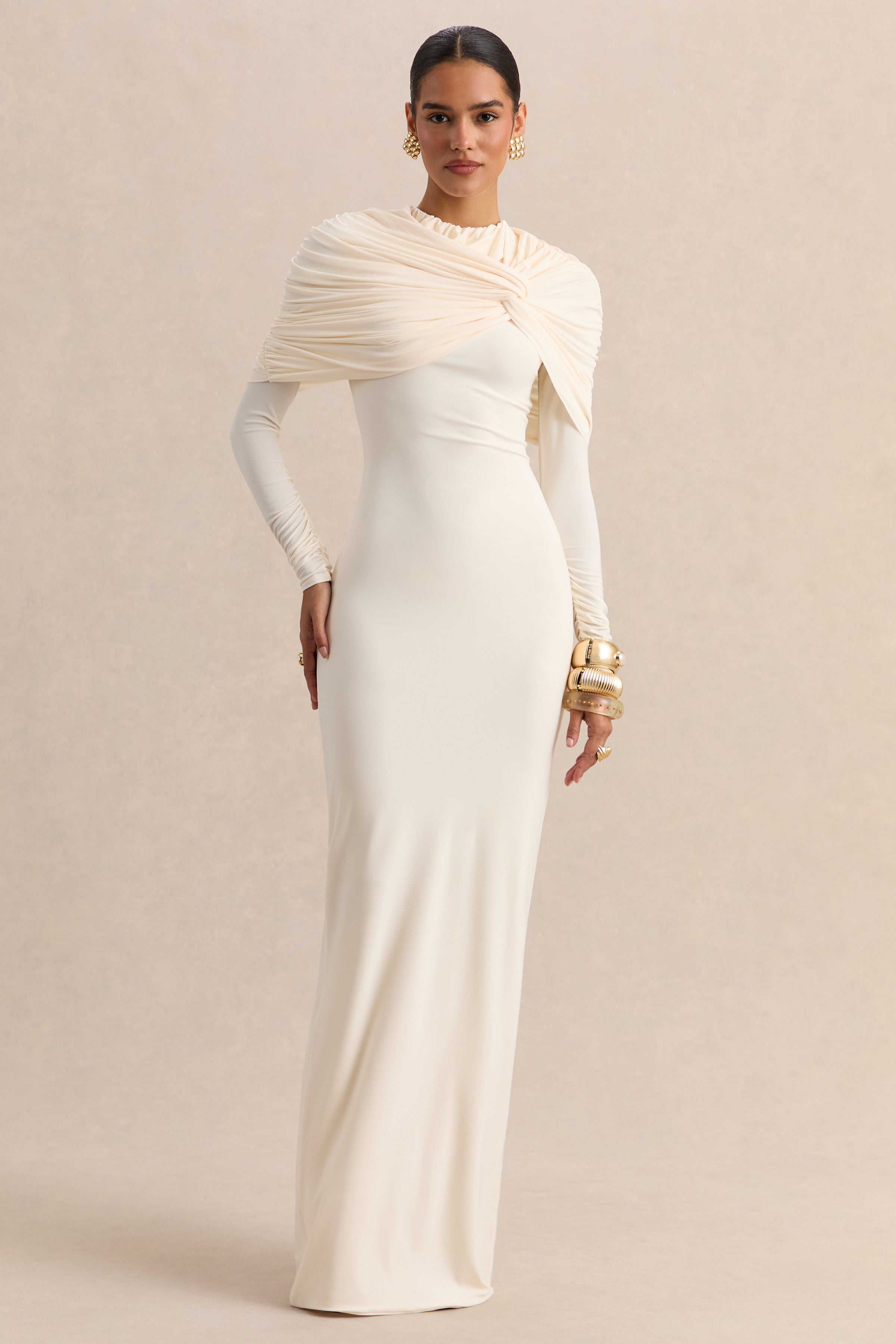 Evessa | Cream Crew-Neck Maxi Dress With Gathered-Detailing