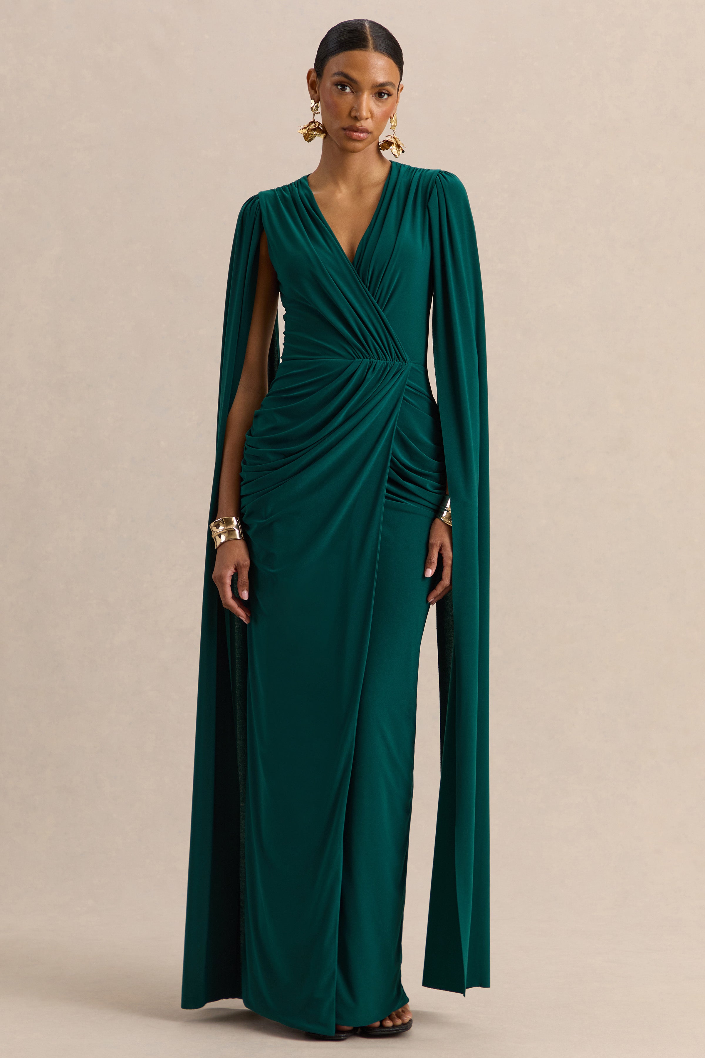Ulissia | Bottle Green V-Neck Maxi Dress With Cape-Sleeves