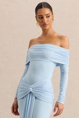 Helia | Blue Bardot Neck Bodysuit With Ruched Long Sleeves