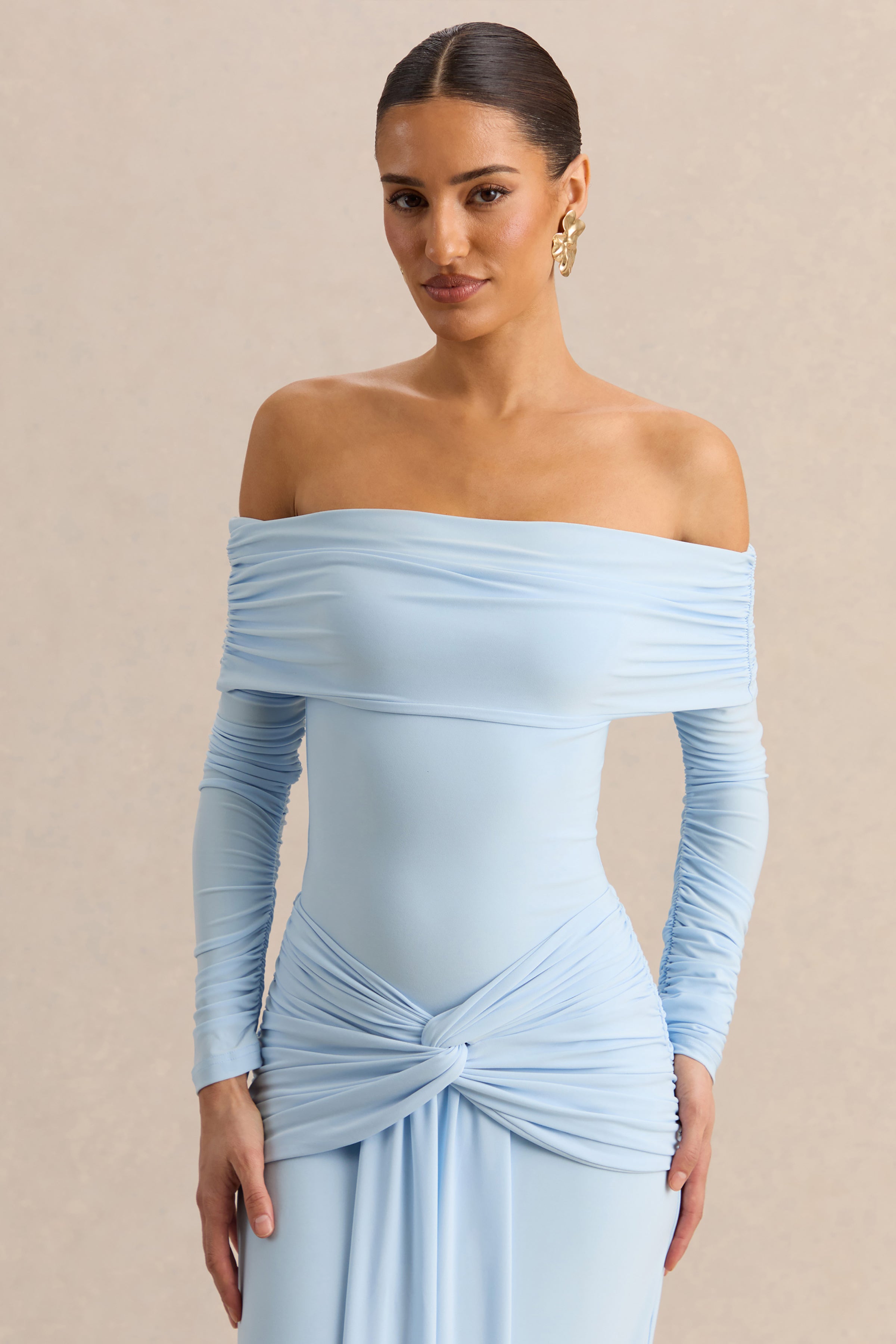 Helia | Blue Bardot Neck Bodysuit With Ruched Long Sleeves