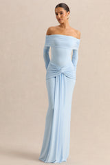 Helia | Blue Bardot Neck Bodysuit With Ruched Long Sleeves