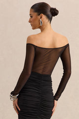 Maira | Black Mesh Bardot-Neck Bodysuit