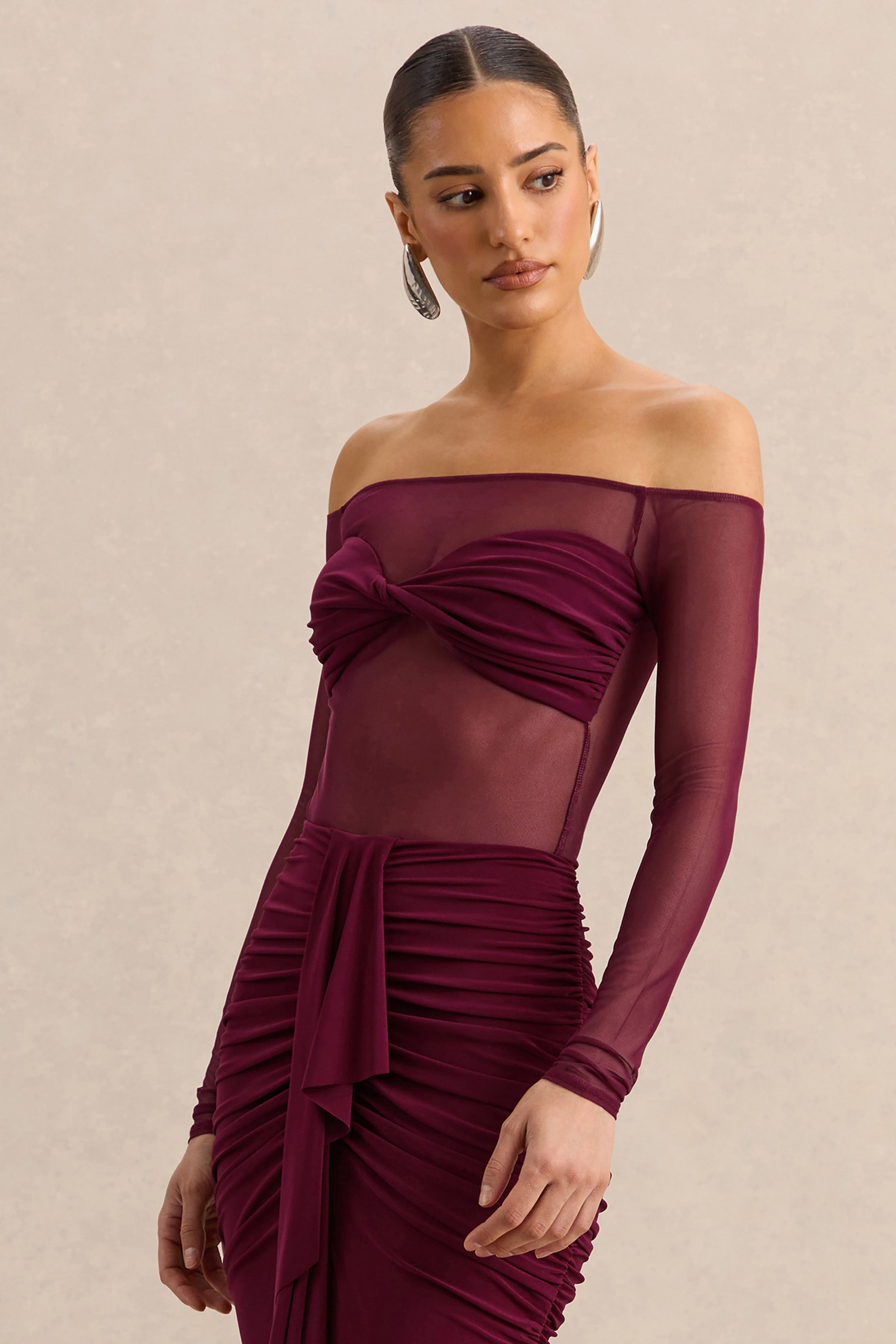Maira | Burgundy Mesh Bardot-Neck Bodysuit