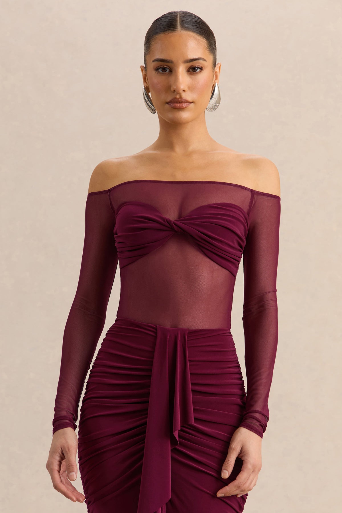 Maira | Burgundy Mesh Bardot-Neck Bodysuit