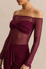 Maira | Burgundy Mesh Bardot-Neck Bodysuit