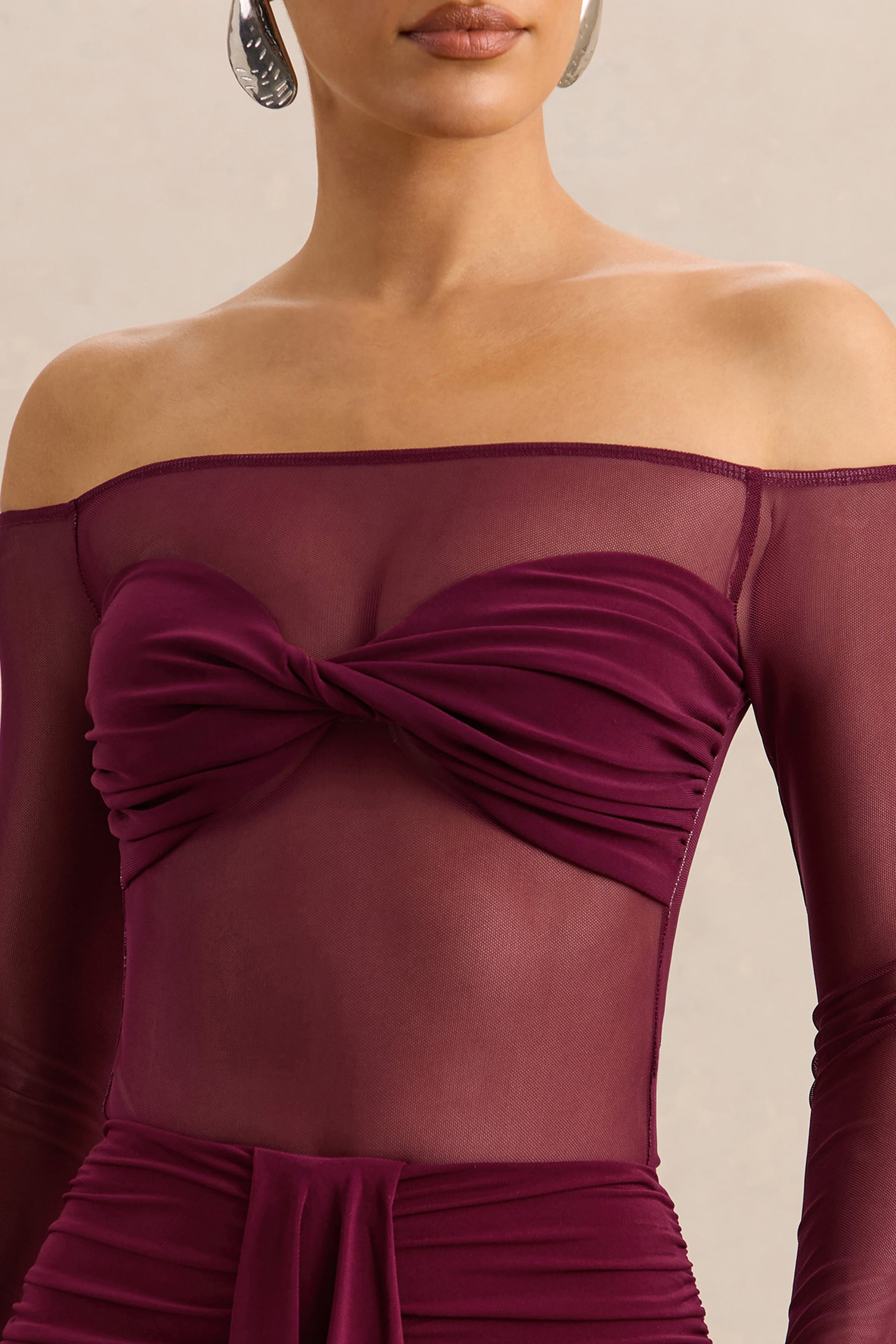 Maira | Burgundy Mesh Bardot-Neck Bodysuit