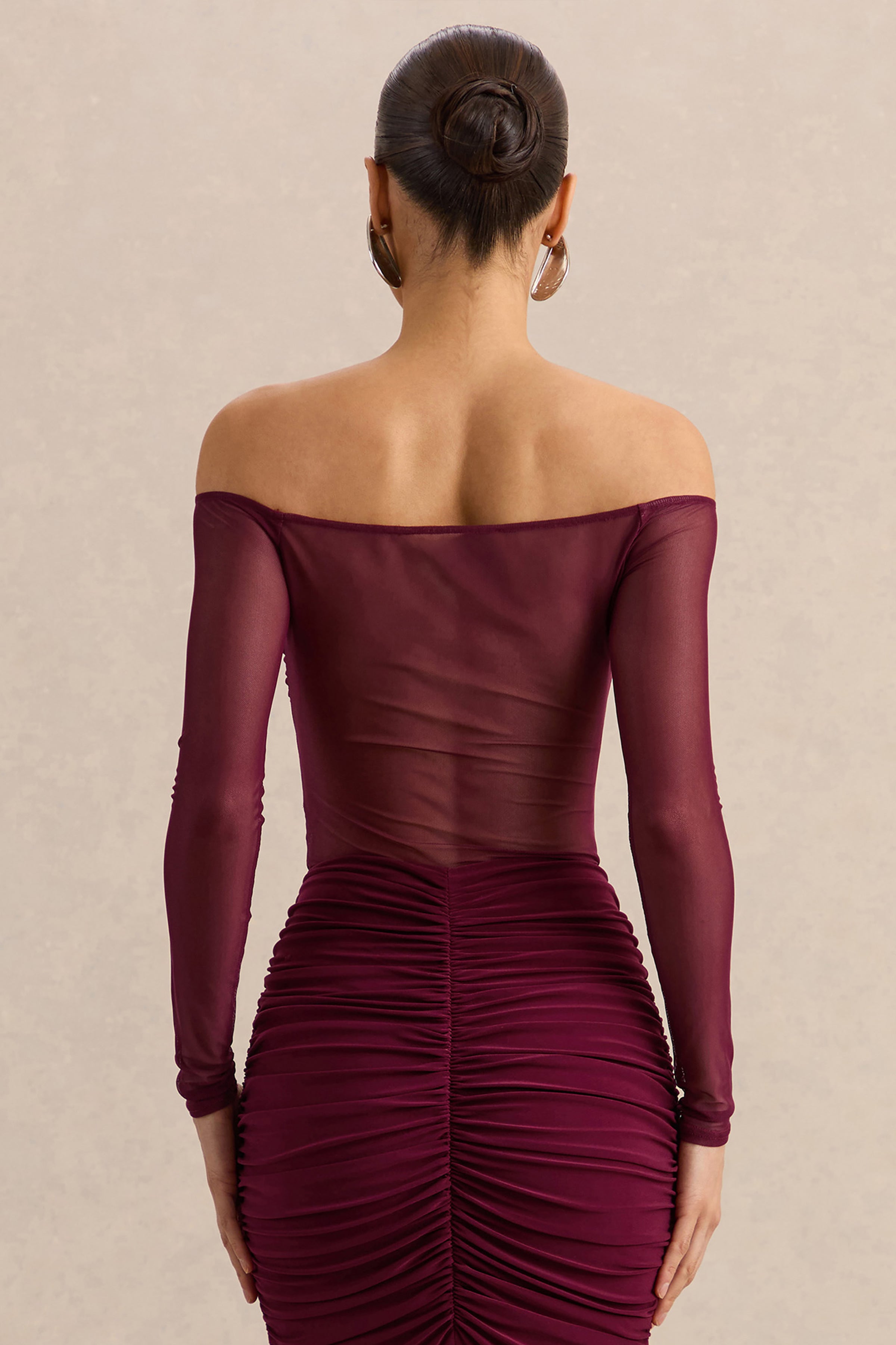 Maira | Burgundy Mesh Bardot-Neck Bodysuit