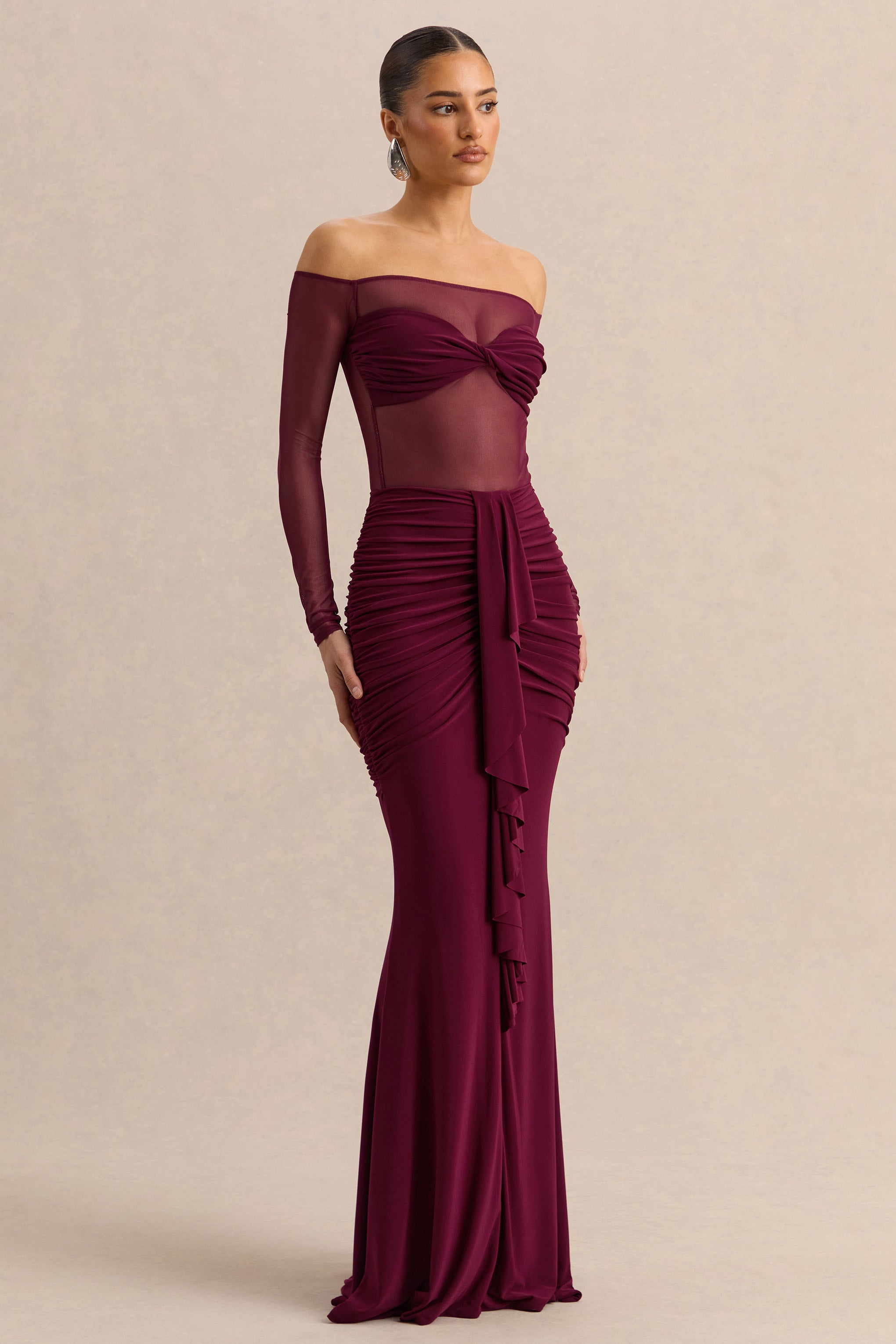 Maira | Burgundy Mesh Bardot-Neck Bodysuit