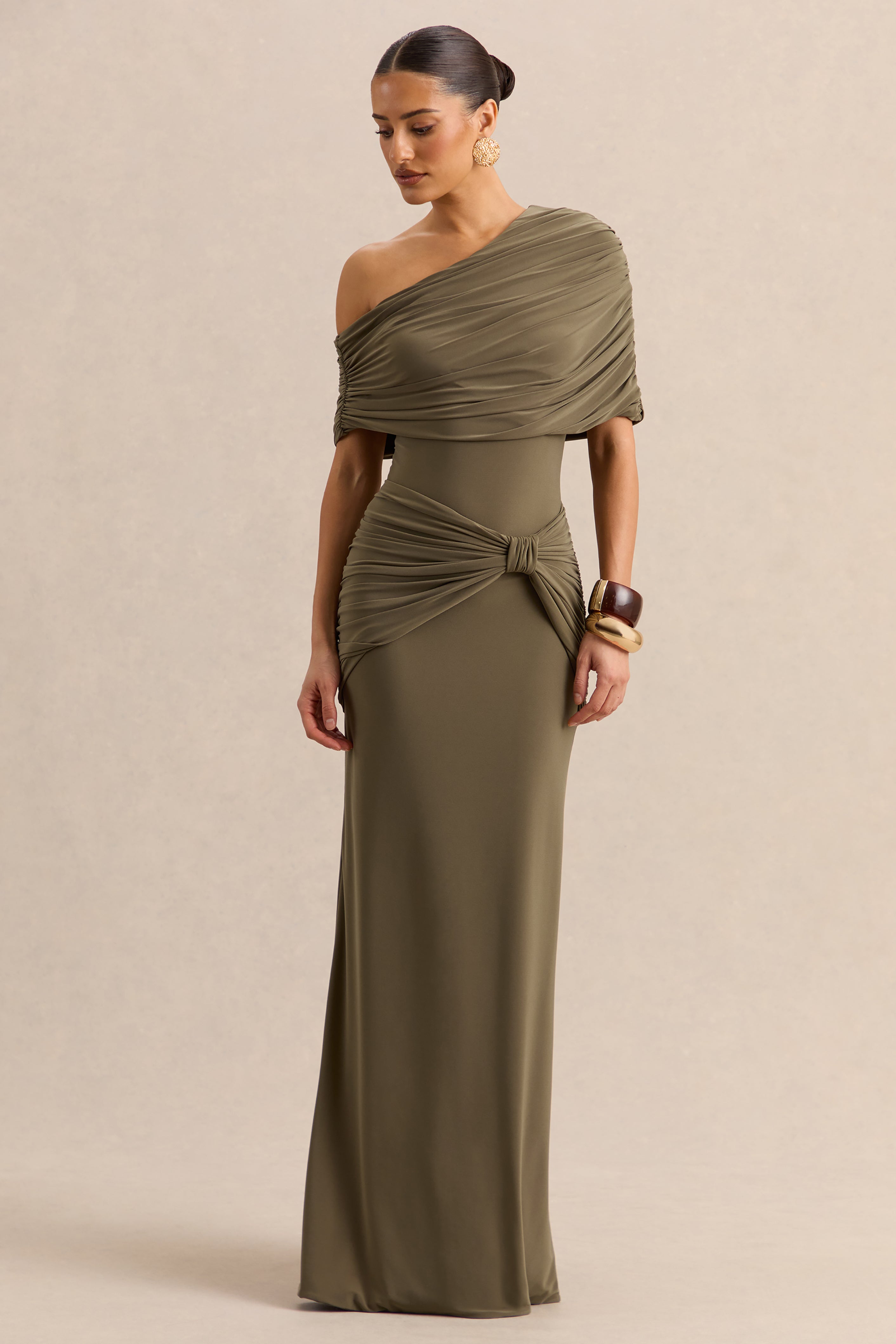 Larelle | Khaki Asymmetric-Neck Bodysuit With Ruched-Detailing