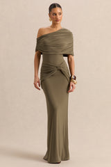 Larelle | Khaki Asymmetric-Neck Bodysuit With Ruched-Detailing
