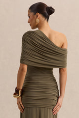 Larelle | Khaki Asymmetric-Neck Bodysuit With Ruched-Detailing