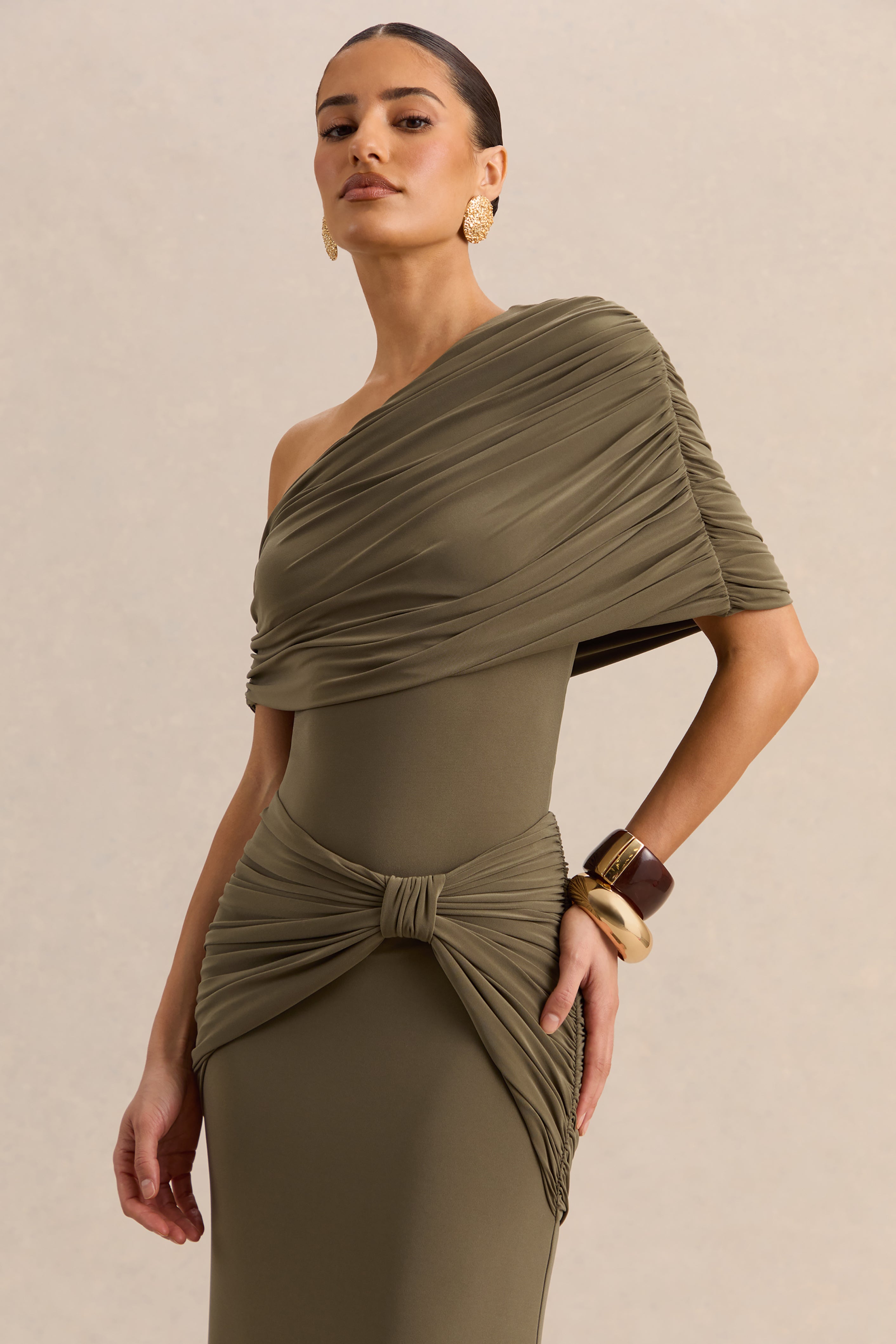 Larelle | Khaki Asymmetric-Neck Bodysuit With Ruched-Detailing