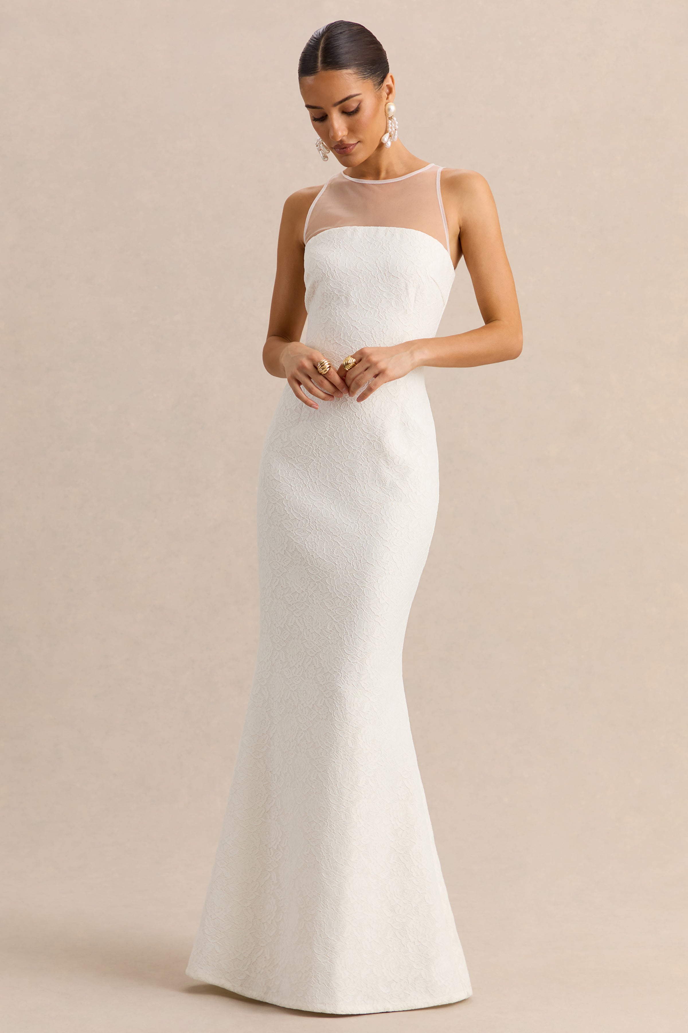 Rosevine | White Crew-Neck Maxi Dress With Mesh Panel