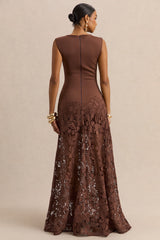 Calune | Brown Lace Wide-Neck Maxi Dress