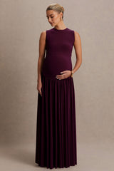 Outline | Plum Crew-Neck Maternity Maxi Dress With Pleated Skirt