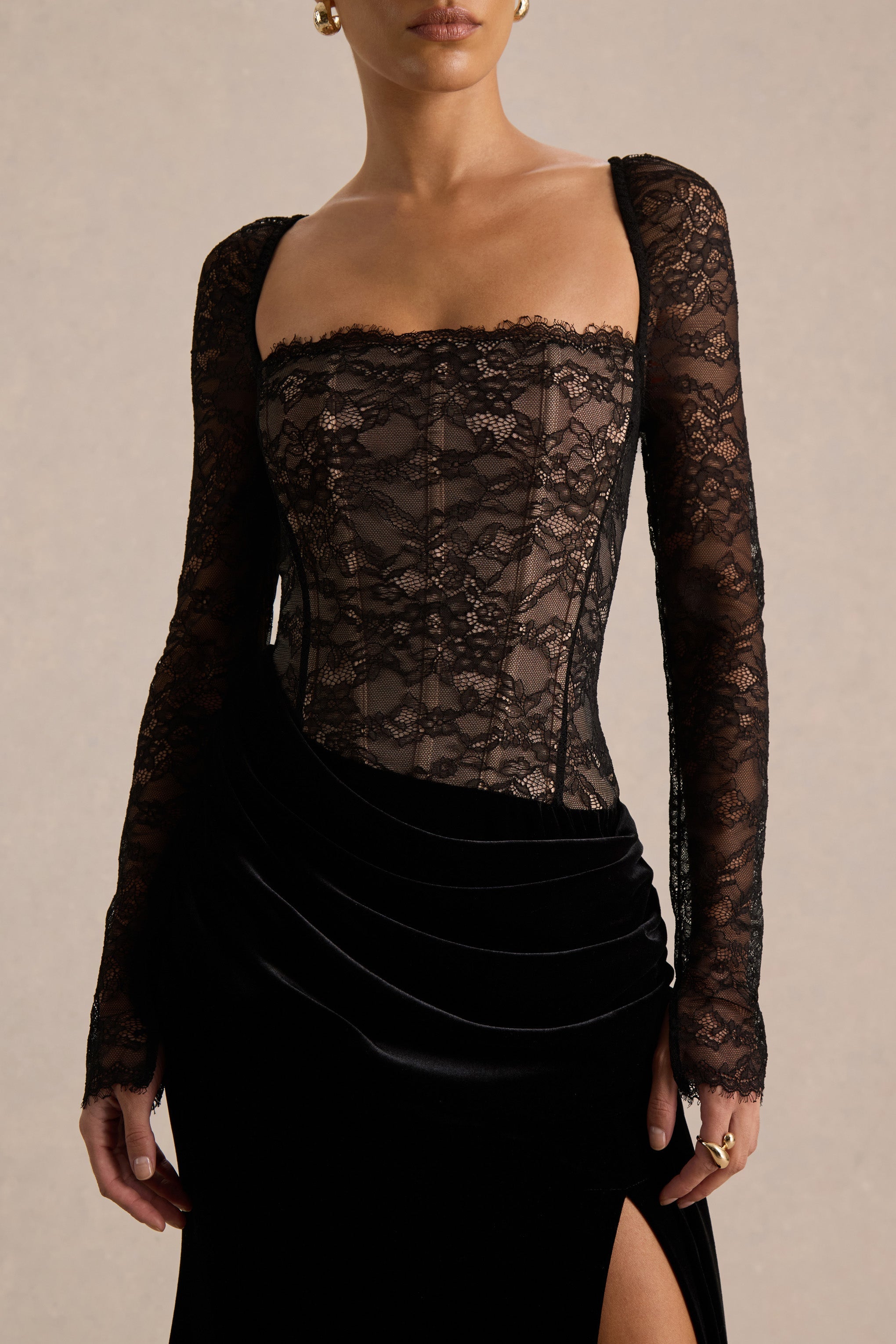 Finesse | Black Lace And Velvet Square-Neck Maxi Dress With Draped Skirt